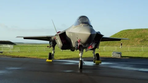 Aalborg, Denmark - September 13, 2026: Stealth F-35 fighter jet standing Stock Footage 345590944