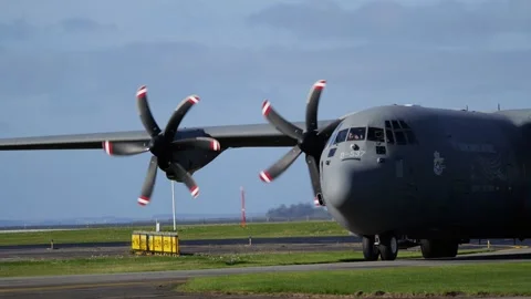 Aalborg, Denmark - September 13, 2026: Military transport aircraft taxiing Stock Footage 345591198