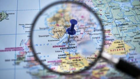AALBORG highlighted on paper map with magnifying glass Stock Photos