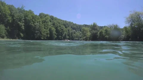 Aare bustle around the Bremgarten loop, boats, inflatable boat, Bern city, Stock Footage 337376510
