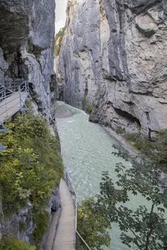 Aare gorge river flowing between high cliffs Stockfoto's
