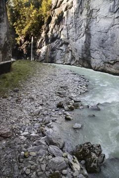 Aare gorge river flowing through mountain canyon 스톡 사진