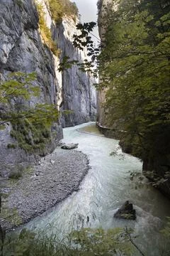 Aare gorge river flowing through narrow limestone canyon 스톡 사진