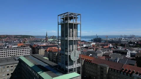 Aarhus City Hall Clock Tower Overlooking City Center and Harbor, Denmark Stock Footage 344953475
