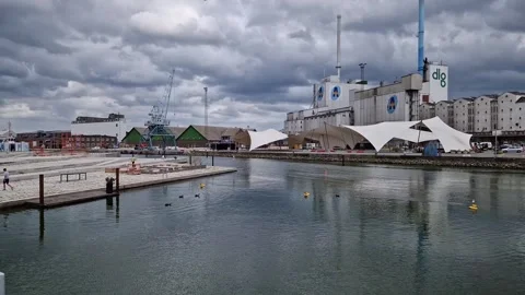 Aarhus Harbor Waterfront with DLG Grain Silo and Industrial Skyline, Denmark Stock Footage 335541255