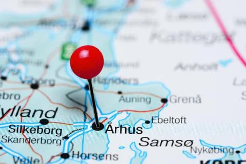 Aarhus pinned on a map of Denmark Stock Photos