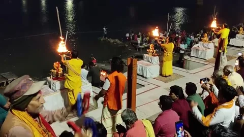 Aarti at Saryu River Ghat in the evening... | Stock Video | Pond5