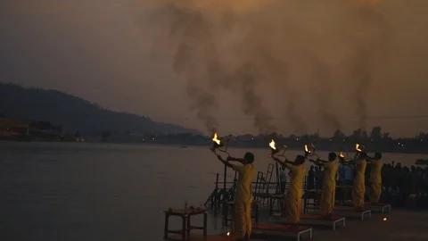 Aarti Slow Motion over Ganges river Video stock 89210362