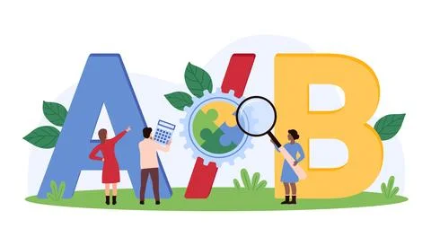 AB test, bucket testing, user experience research of tiny people with magnifying Stock Illustration