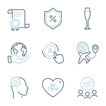 Ab testing, Be true and Flight sale icons set. Champagne glass, Loan percent and Illustrazione stock