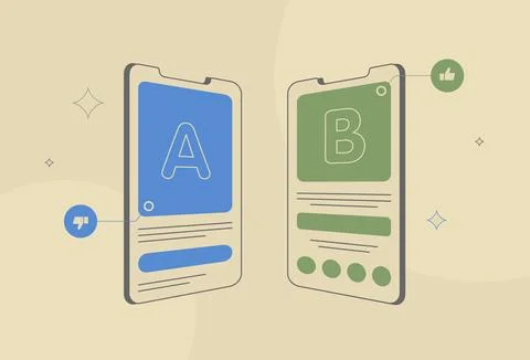 AB testing graphics, mobile app split test comparison icons, data analysis and Stock Illustration