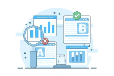 AB Testing landing page Website, AB Testing social media ads, testing analysis. Stock Illustration