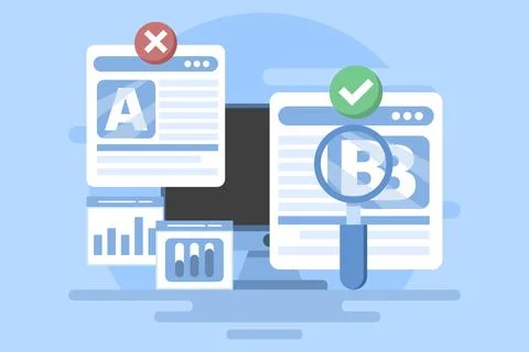 AB Testing landing page Website, AB Testing social media ads, testing analysis. Illustrazione stock