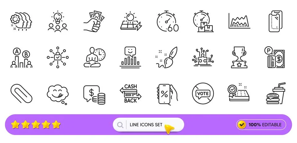 Ab testing, Puzzle options and Paper clip line icons for web app. Pictogram icon Stock Illustration