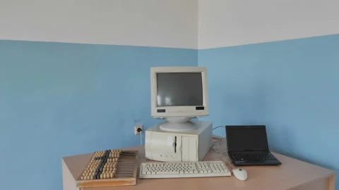 Abacus Calculator, Retro Computer And Modern Laptop On The Table. Stock Footage 126372193