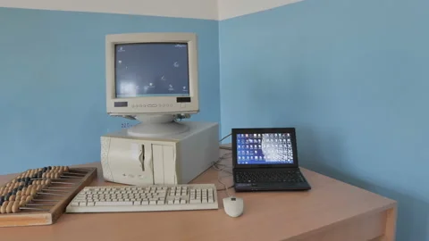 Abacus Calculator, Retro Computer And Modern Laptop In The Office. Stock Footage 126372216