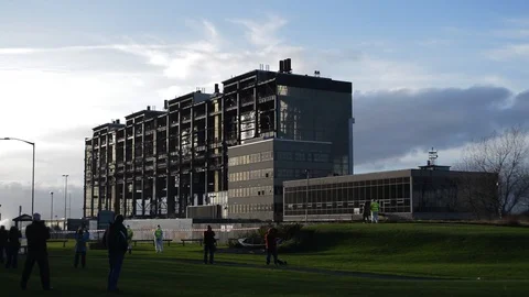Abandon derelict industrial building is imploded in a controlled demolition on Video stock 92771969
