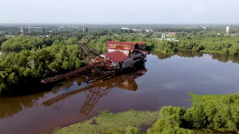 Abandon rustic old tin dredge mining ship Stock Footage 155793918