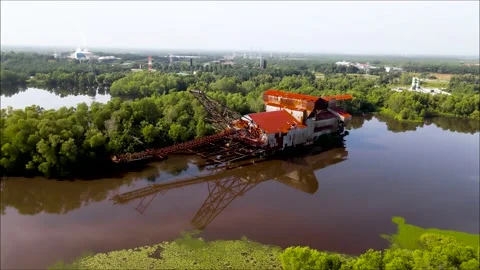 Abandon rustic old tin dredge mining ship Stock Footage 155793943