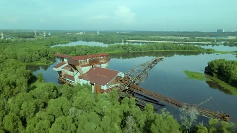 Abandon rustic old tin dredge mining ship Stock Footage 155794032