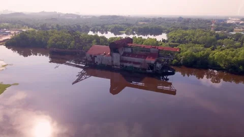 Abandon rustic old tin dredge mining ship Stock Footage 156264793