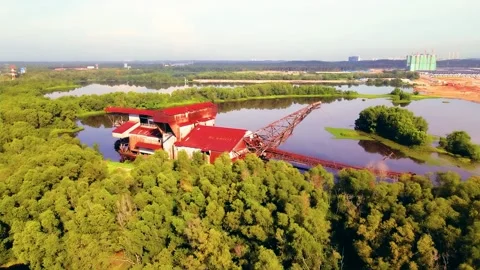 Abandon rustic old tin dredge mining ship Stock Footage 156264829