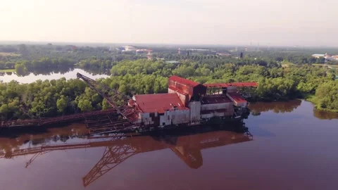 Abandon rustic old tin dredge mining ship Stock Footage 156264836