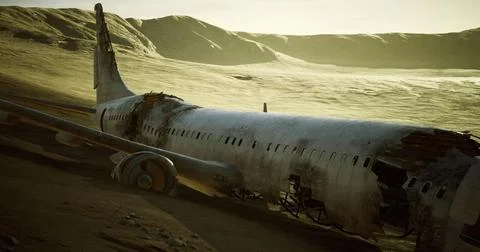 Abandoned aircraft rests in desolate landscape under bright sunlight Stock Illustration