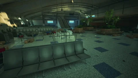 Abandoned airport terminal with empty seating and scattered luggage in disarray Stock Footage 331399307