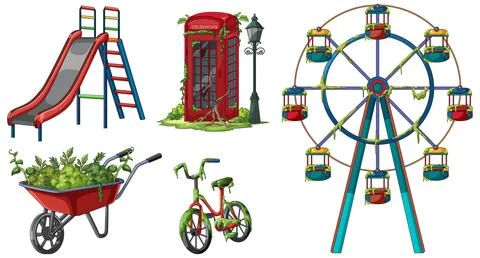 Abandoned Amusement Park Objects Overgrown With Green Vines Ilustração Stock