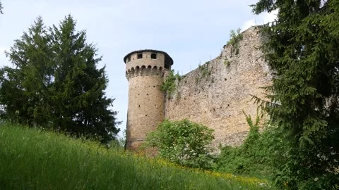 Abandoned Ancient Castle With a Tower Among the Trees Stock Footage 243941339