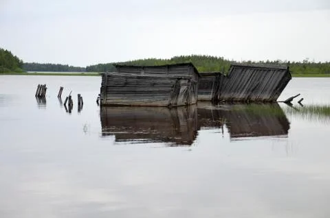 Abandoned and broken slip docs in a lake Stock Photos