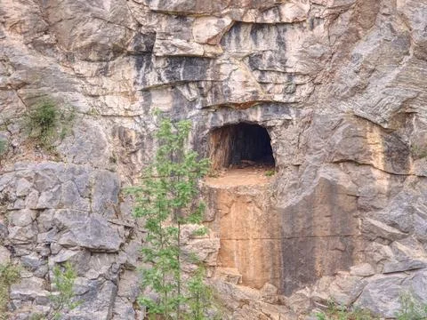 Abandoned and collapsed limestone adit in canyon mine Abandoned and collap... Stock Photos