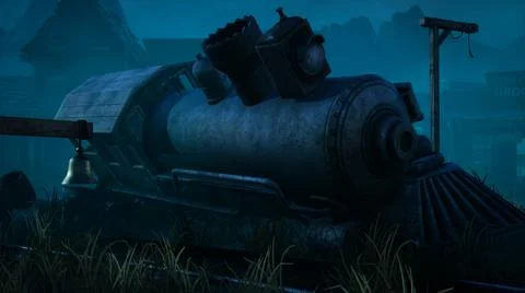 An abandoned and destroyed old train lies in the middle of an ancient deserted Stock Illustration
