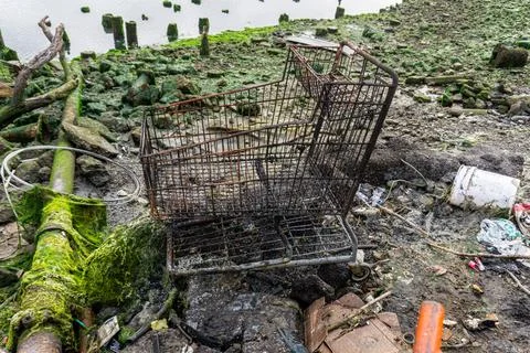 Abandoned and Mangled Shopping Cart Sitting in Harbor Foto stock