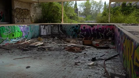 Abandoned and neglected indoor pool of Hotel Haludovo Stock Footage 241406586