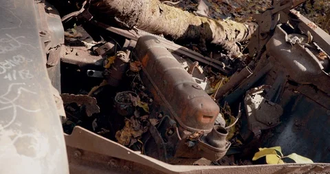 Abandoned Antique Car Engine in Forest - Old and Rusted Vídeo Stock 119000831