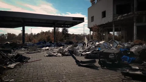 Abandoned area full of trash, debris, and ruined items. Abandoned buildings.. Stock Footage 285546063