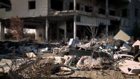 Abandoned area full of trash, debris, and ruined items. Abandoned buildings.. Stock Footage 285546069