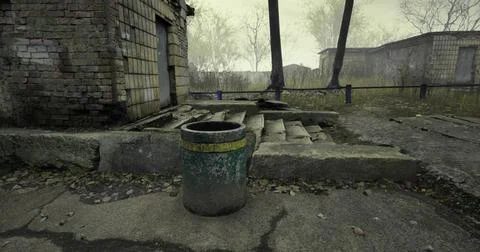 Abandoned area with a rusty trash can next to decaying buildings Stock Illustration