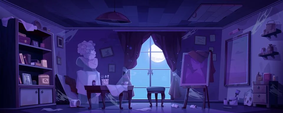 Abandoned art studio interior with easel at night Stock Illustration