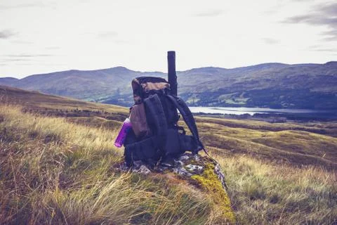 Abandoned backpack in the wilderness Stock Photos