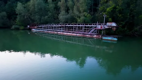 Abandoned barge on forest lake at dusk Stock Footage 340920939