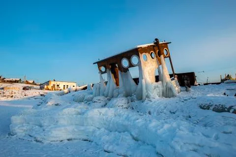 Abandoned barge in the ice 스톡 사진