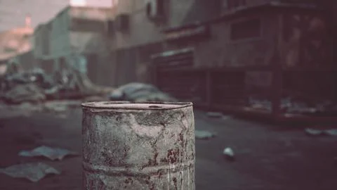 Abandoned barrel in a desolate urban setting during early morning light Stock Illustration