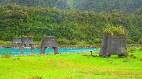 Abandoned bidge pillars in creek Stock Footage 85492343
