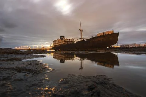 Abandoned big ship called Telamon in Lanzarote 库存照片