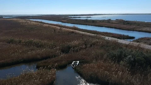 Abandoned boat lost in a marsh surrounded by tall grass Stock Footage 101701750