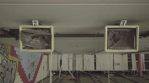 Abandoned Bowling - Broken game monitors (s-log 2) Stock Footage 159972809