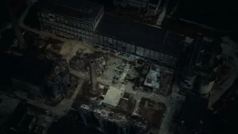 Abandoned brick and paving slabs factory at night Stock Footage 133829398